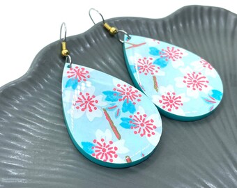 Sakura Japanese Paper Tear Drop Earrings, Aqua and red, Acrylic base, Chiyogami, Hanami, Spring, Lightweight, Resin, pattern varies