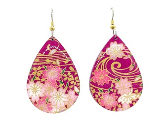 Pink Floral Japanese Earrings, Chrysanthemum, Sakura, Acrylic Earrings, Tear Drop, Plum Acrylic, resin coated, pattern varies, statement