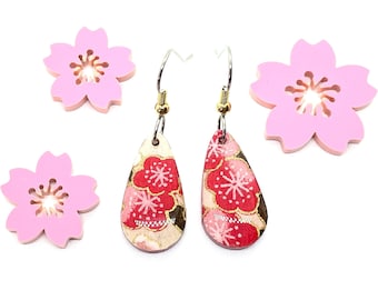 Kawaii Red Cherry Blossom Earrings, Japanese paper, teardrops, acrylic and resin, sakura, cute earrings, lightweight, hypoallergenic, pink