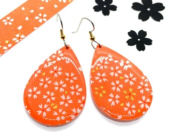 Peach Orange Japanese Tear Drop Earrings, Sakura, Floral, Chiyogami, Peach , Laser cut acrylic, Resin coated, Pattern varies, small blooms