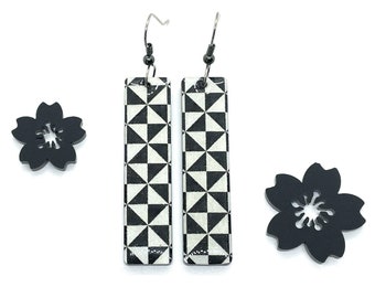 Black and White Tube Earrings, Geometric, Washi Tape Earrings, Long Earrings, black acrylic, hypoallergenic, lightweight, minimalist