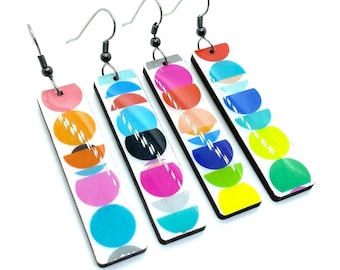 Multicolor Geometric Japanese Earrings, MT washi tape, RANDOM PAIR, laser cut, paper on wood, resin coated, lightweight, hypoallergenic