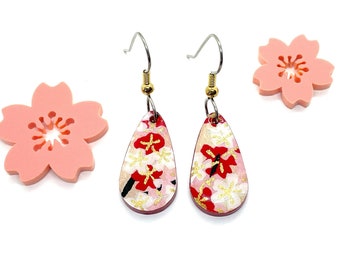 Red Japanese teardrop Earrings, Floral, Cherry blossoms, Sakura, minimalist earrings, lightweight, acrylic and resin, hypoallergenic, zen