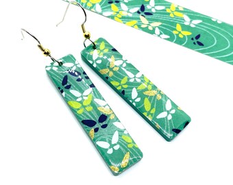 Emerald Green Japanese Paper and Acrylic Earrings, Small Butterflies, Chiyogami paper, Lightweight, Statement, Long Earrings, hypoallergenic