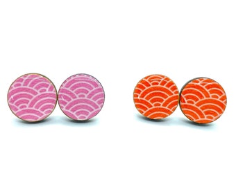 Pink or Orange Stud Earrings, MT washi tape, Mermaid tail, Japanese wave, Geometric, Gift under 15, For Her, Birthday, Bridesmaids,