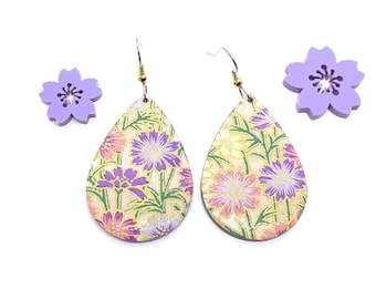 Floral Japanese Earrings, Chrysanthemum, Sakura, Acrylic Earrings, Tear Drop, Plum Acrylic, resin coated, pattern varies, statement