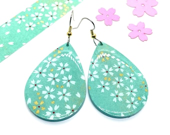 Mint Japanese Paper Teardrop Earrings, Gold accents, Teal Acrylic, White flowers, Chiyogami, Laser cut, Resin coated, hypoallergenic post