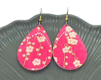 Japanese Sakura Earrings, Hot pink, Tear Drop, Floral, Lightweight, Acrylic dangles, Resin coated, Pattern varies, small blooms, chiyogami