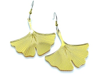Gold Gingko Leaf Earrings: Mirror Acrylic Dangles, Lasercut