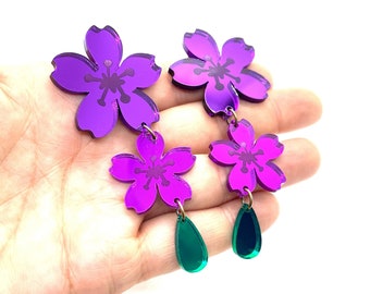 Sakura Chandelier Earrings: Acrylic Cherry Blossoms, Mirror & Metallic Finish