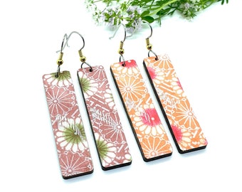 Floral Japanese Paper Earrings, Cherry Blossoms, Sakura, Chiyogami, Paper on Wood, Hypoallergenic stainless steel, Coral or Pink