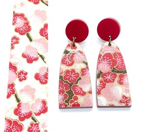 Red Sakura Drop Earrings: Japanese Paper Floral Arch, Hypoallergenic