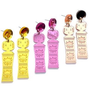 Japanese Kokeshi Earrings, Mirror Acrylic, Rose Gold, Pink, Gold, Vintage Japanese Kokeshi Doll, laser cut, laser etched, image 1