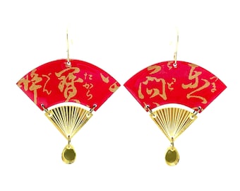 Japanese Fan Earrings, Red and Gold, Calligraphy, Gold fan, Acrylic earrings, Hand fan, women's jewelry, gift under 25, stainless steel