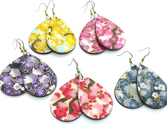 Japanese Paper Earrings, Tear Drop, Cherry Blossoms, Chiyogami, Choose a color, Large Dangles, Laser cut, Resin coated, Pattern varies