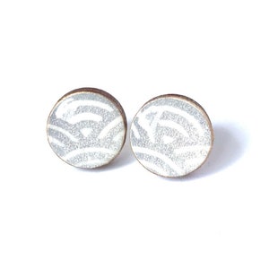 Silver and White Stud Earrings, Wave pattern, Japanese Chiyogami Paper, Washi, Lasercut wood, Resin, lightweight, Gift under 10, steel posts image 1