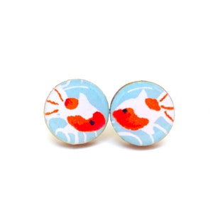 Koi Fish Stud Earrings, Turquoise and Red, Japanese Paper, Washi, Chiyogami, Resin Earrings, Decoupage, Wood, Gift under 10, Goldfish image 1