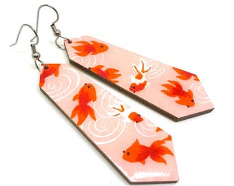 Pink Koi fish earrings, Japanese paper, Crystal shape, Kingyo, Goldfish, Modern, Wood, Lightweight, Laser cut, Resin, steel posts