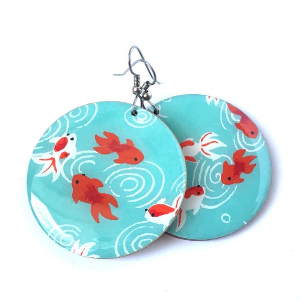 Japanese Koi Earrings, Turquoise and Red, Goldfish, Kingyo, Lucky, Chyiogami, origami Paper, decoupage, laser cut wood, resin, steel