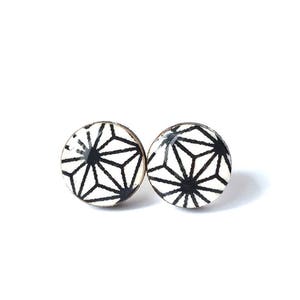 Black and White Stud Earrings, Starburst, Japanese Chiyogami Paper, Washi, Lasercut wood, Resin, lightweight, Gift under 10, steel posts image 1