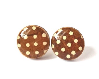 Brown Ear Studs, White polka dots, Japanese Chiyogami Paper, Chocolate earrings, Yummy, Cute, Gift under 10, Stocking Stuffer