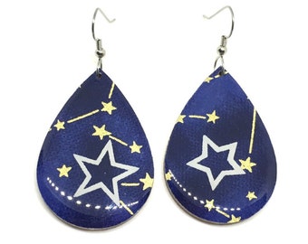 Stars Tear Drop Earrings, Constellations, Indigo, Navy, Japanese Chiyogami Paper, Wood, Lightweight, Laser cut, Resin coated, Pattern varies