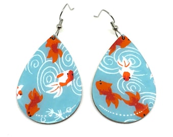 Koi Fish Tear Drop Earrings, Turquoise and Red, Kingyo, Japanese Paper, Chiyogami, Lightweight, Laser cut wood, Resin coated, Pattern varies