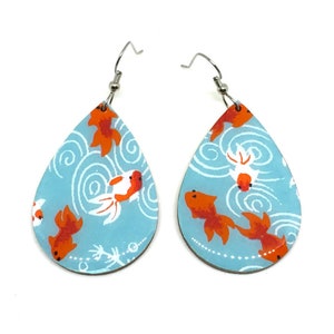 Koi Fish Tear Drop Earrings, Turquoise and Red, Kingyo, Japanese Paper, Chiyogami, Lightweight, Laser cut wood, Resin coated, Pattern varies image 1