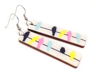 Bird Earrings, CMYK, Washi Tape Earrings, Birds on a Wire,  Long Earrings, Japanese Washi, Spring, Laser Cut, Lightweight, Gift Under 25