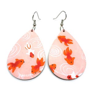 Koi Fish Tear Drop Earrings, Pink and Red, Kingyo, Japanese Paper, Chiyogami, Lightweight, Laser cut wood, Resin coated, Pattern varies image 1