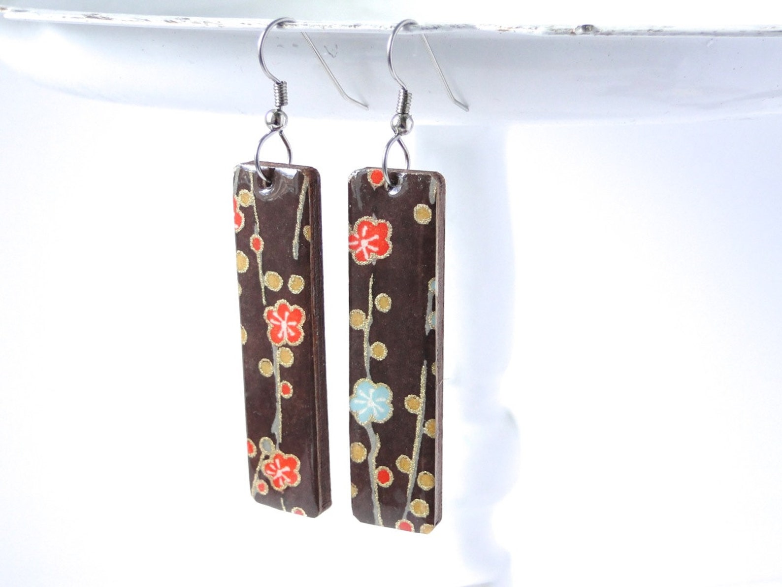 Chocolate Brown Earrings Cherry Blossoms Earrings Long Etsy