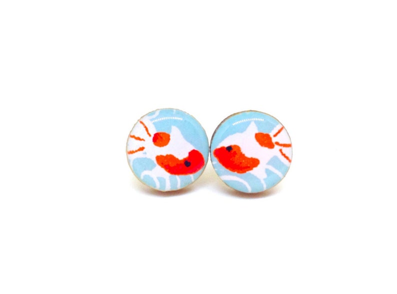 Koi Fish Stud Earrings, Turquoise and Red, Japanese Paper, Washi, Chiyogami, Resin Earrings, Decoupage, Wood, Gift under 10, Goldfish image 1