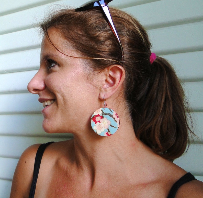 Aqua 2 sizes to chose from Modern Turquoise Japanese Paper Earrings Pattern will vary Large Dangles Laser cut Resin finish Chiyogami