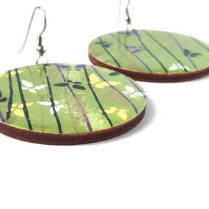 Butterfly Earrings, Green earrings, Japanese Paper, Chiyogami, Large Dangles, Laser cut wood, Resin earrings, steel posts, origami, washi image 2