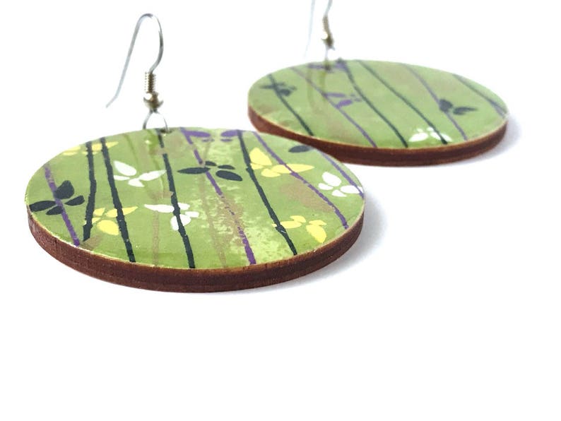 Butterfly Earrings, Green earrings, Japanese Paper, Chiyogami, Large Dangles, Laser cut wood, Resin earrings, steel posts, origami, washi image 2