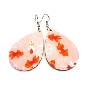 Koi Fish Tear Drop Earrings, Pink and Red, Kingyo, Japanese Paper, Chiyogami, Lightweight, Laser cut wood, Resin coated, Pattern varies image 2