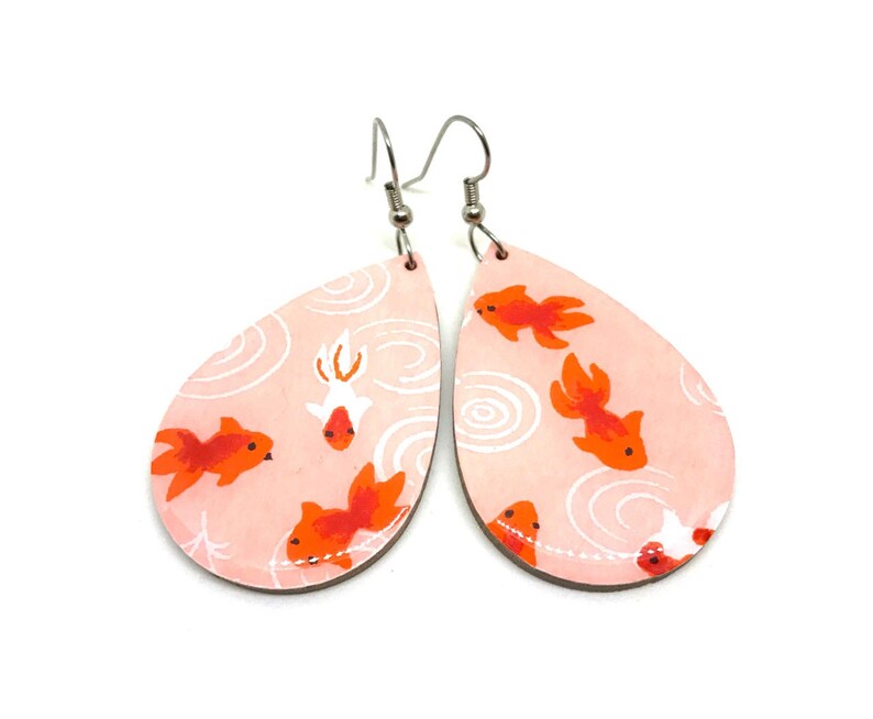 Koi Fish Tear Drop Earrings, Pink and Red, Kingyo, Japanese Paper, Chiyogami, Lightweight, Laser cut wood, Resin coated, Pattern varies image 2