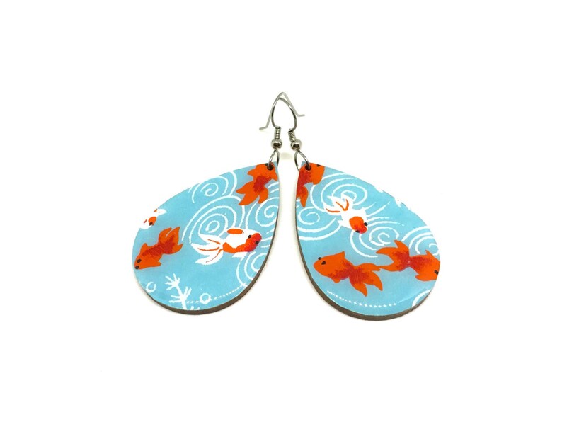 Koi Fish Tear Drop Earrings, Turquoise and Red, Kingyo, Japanese Paper, Chiyogami, Lightweight, Laser cut wood, Resin coated, Pattern varies image 2