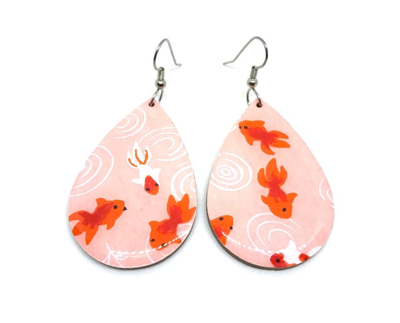 Koi Fish Tear Drop Earrings, Pink and Red, Kingyo, Japanese Paper, Chiyogami, Lightweight, Laser cut wood, Resin coated, Pattern varies image 1