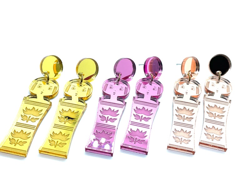 Japanese Kokeshi Earrings, Mirror Acrylic, Rose Gold, Pink, Gold, Vintage Japanese Kokeshi Doll, laser cut, laser etched, image 2