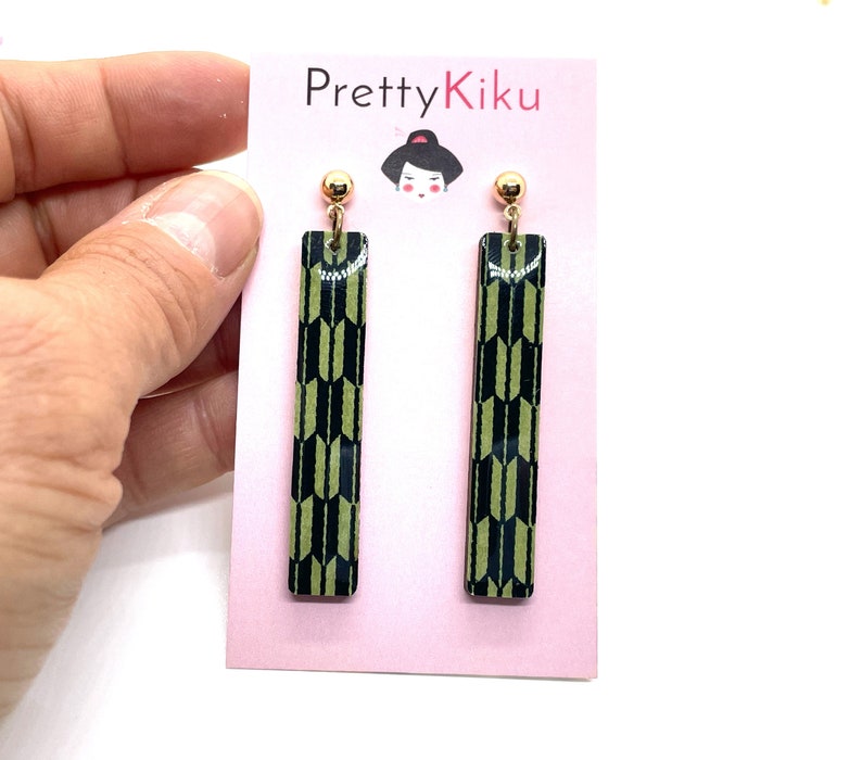 Skinny Long Arrow Earrings, Japanese Chiyogami Paper on Wood, Japanese Earrings, Geometric Pattern, Stainless steel, hypoallergenic image 4