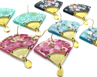 Cherry Blossom Fan Earrings: Japanese Paper & Gold Acrylic