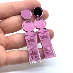 Japanese Kokeshi Earrings, Mirror Acrylic, Rose Gold, Pink, Gold, Vintage Japanese Kokeshi Doll, laser cut, laser etched, image 6