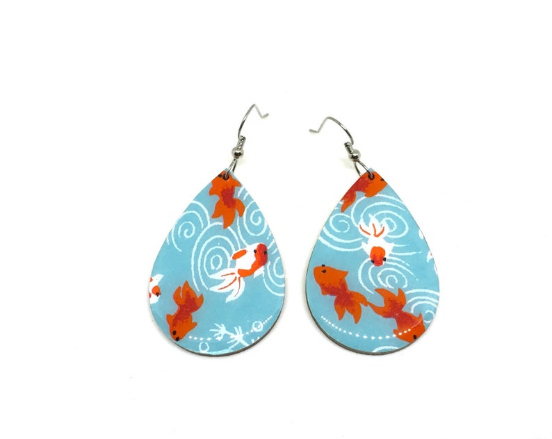 Koi Fish Tear Drop Earrings, Turquoise and Red, Kingyo, Japanese Paper, Chiyogami, Lightweight, Laser cut wood, Resin coated, Pattern varies image 1
