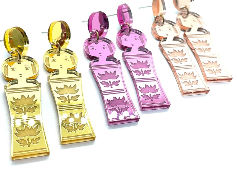 Japanese Kokeshi Earrings, Mirror Acrylic, Rose Gold, Pink, Gold, Vintage Japanese Kokeshi Doll, laser cut, laser etched, image 3