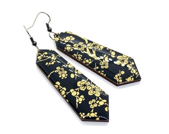 Black and Gold Cherry Blossoms Earrings, Crystal, Lacquer like, Japanese Chiyogami paper, Wood, Lightweight, Laser cut, Resin, steel posts