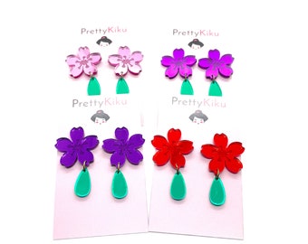 Sakura Statement Earrings: Mirror Acrylic Cherry Blossoms with Emerald Leaf