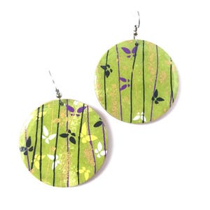 Butterfly Earrings, Green earrings, Japanese Paper, Chiyogami, Large Dangles, Laser cut wood, Resin earrings, steel posts, origami, washi image 3