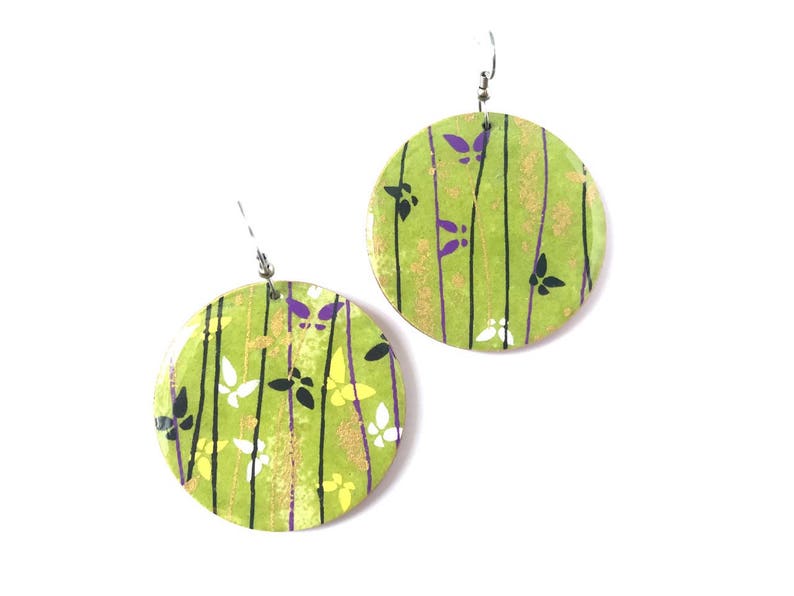 Butterfly Earrings, Green earrings, Japanese Paper, Chiyogami, Large Dangles, Laser cut wood, Resin earrings, steel posts, origami, washi image 3