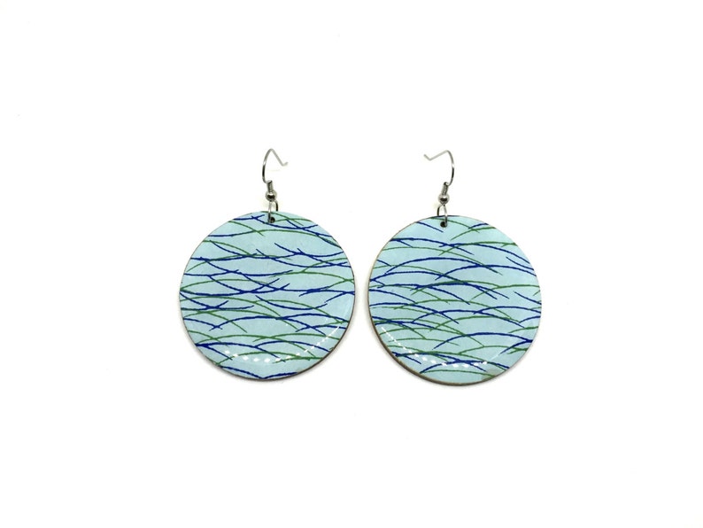 Aqua 2 sizes to chose from Modern Turquoise Japanese Paper Earrings Pattern will vary Large Dangles Laser cut Resin finish Chiyogami